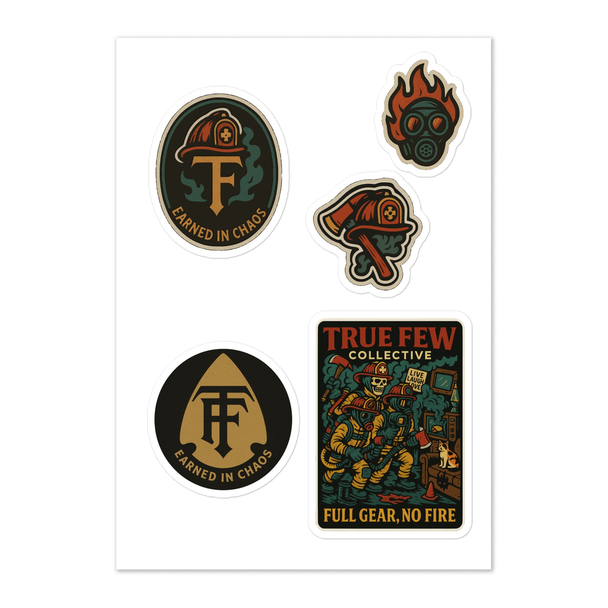 Set of firefighter themed stickers from True Few Collective featuring unique designs and vibrant colors