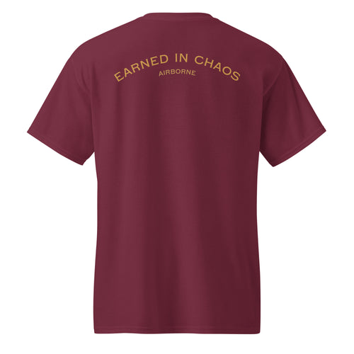 Back of True Few Collective Airborne Classic tee in maroon with 'Earned in Chaos' print