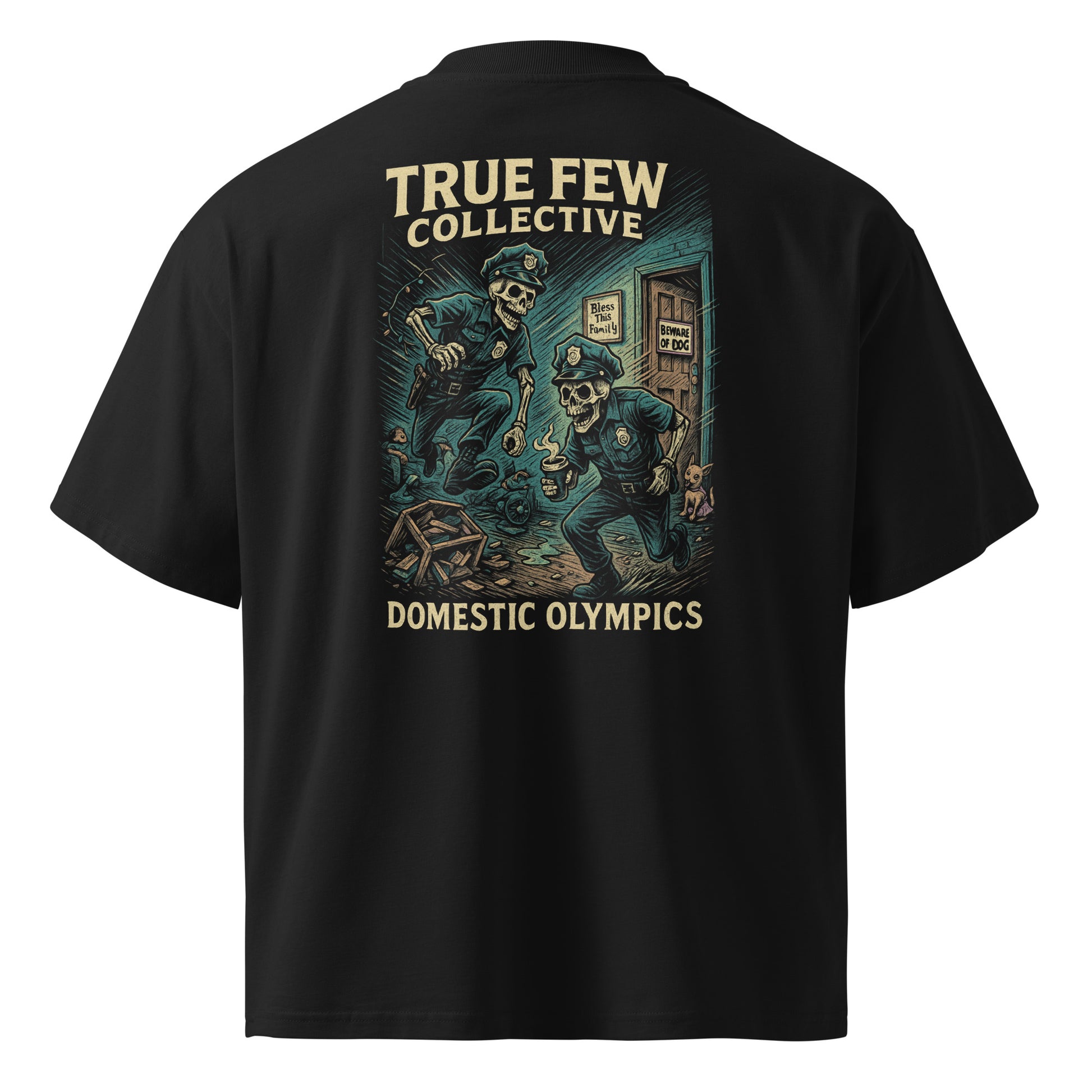 True Few Collective domestic olympics oversized police shirt with skeleton police officer graphic design on black fabric