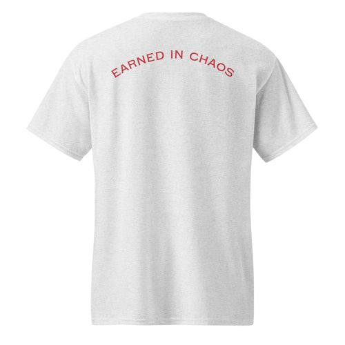 True Few Collective Firefighter Essential Tee in grey with 'Earned in Chaos' printed on the back