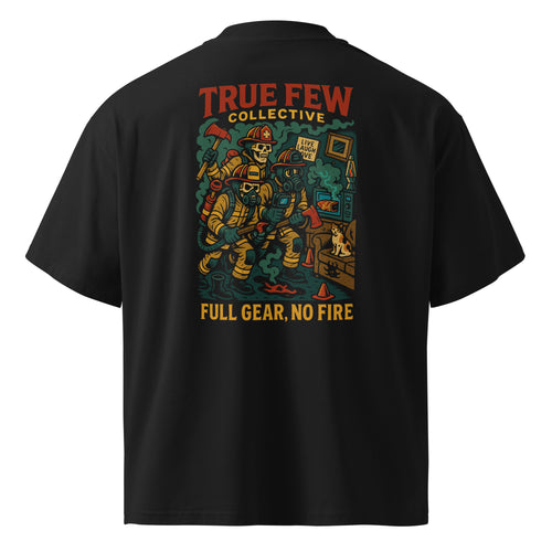 True Few Collective firefighter graphic t-shirt with colorful firefighter rescue scene and full gear no fire text