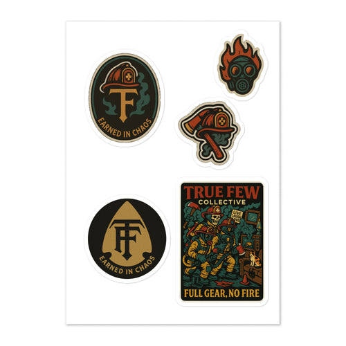 Set of firefighter themed stickers from True Few Collective featuring unique designs and vibrant colors