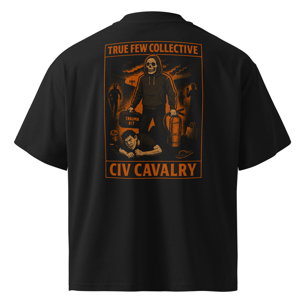 True Few Collective first responder civilian tribute t-shirt with orange graphic of skull figure and trauma kit on black