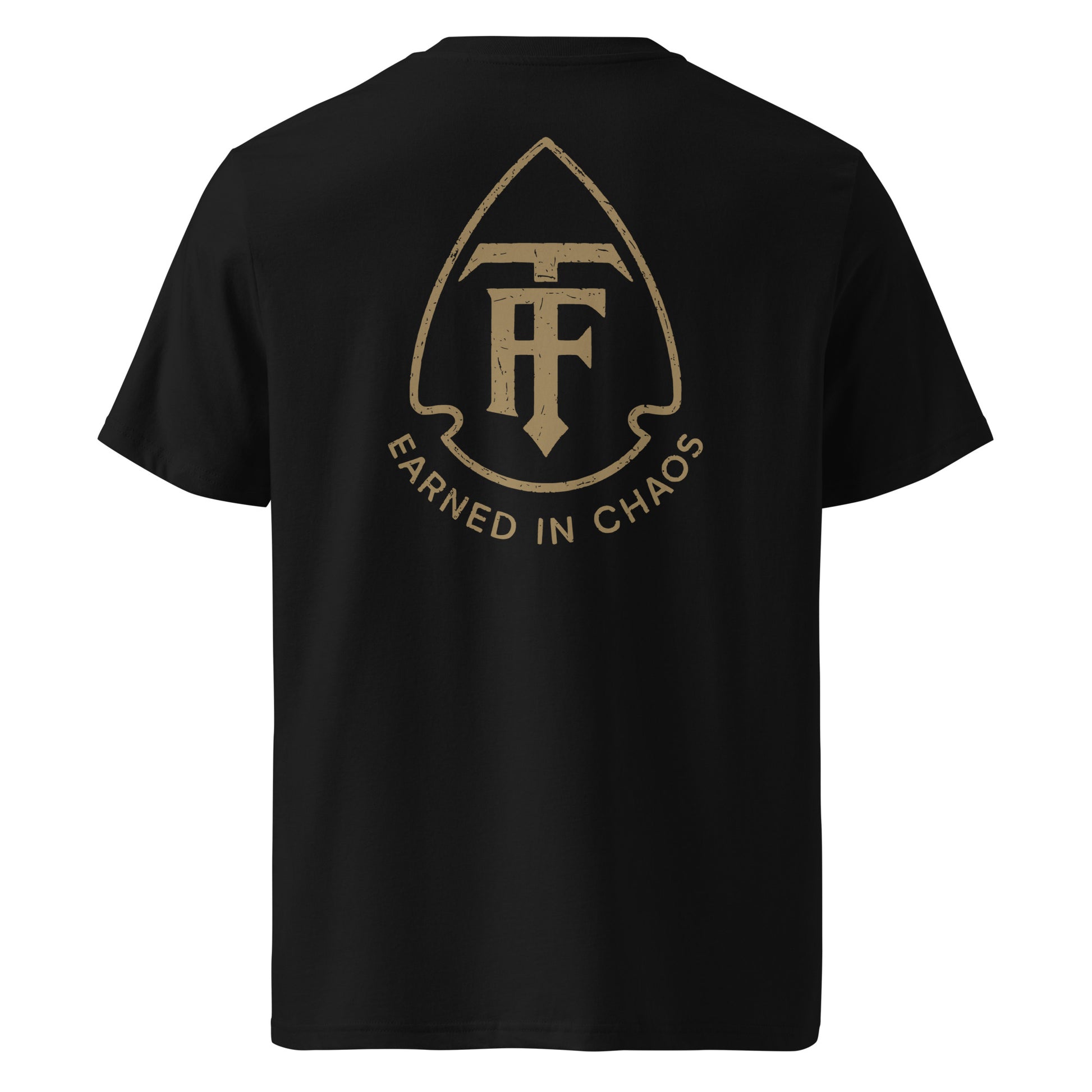 Back view of men's standard issue black tee true few with Earned in Chaos logo graphic