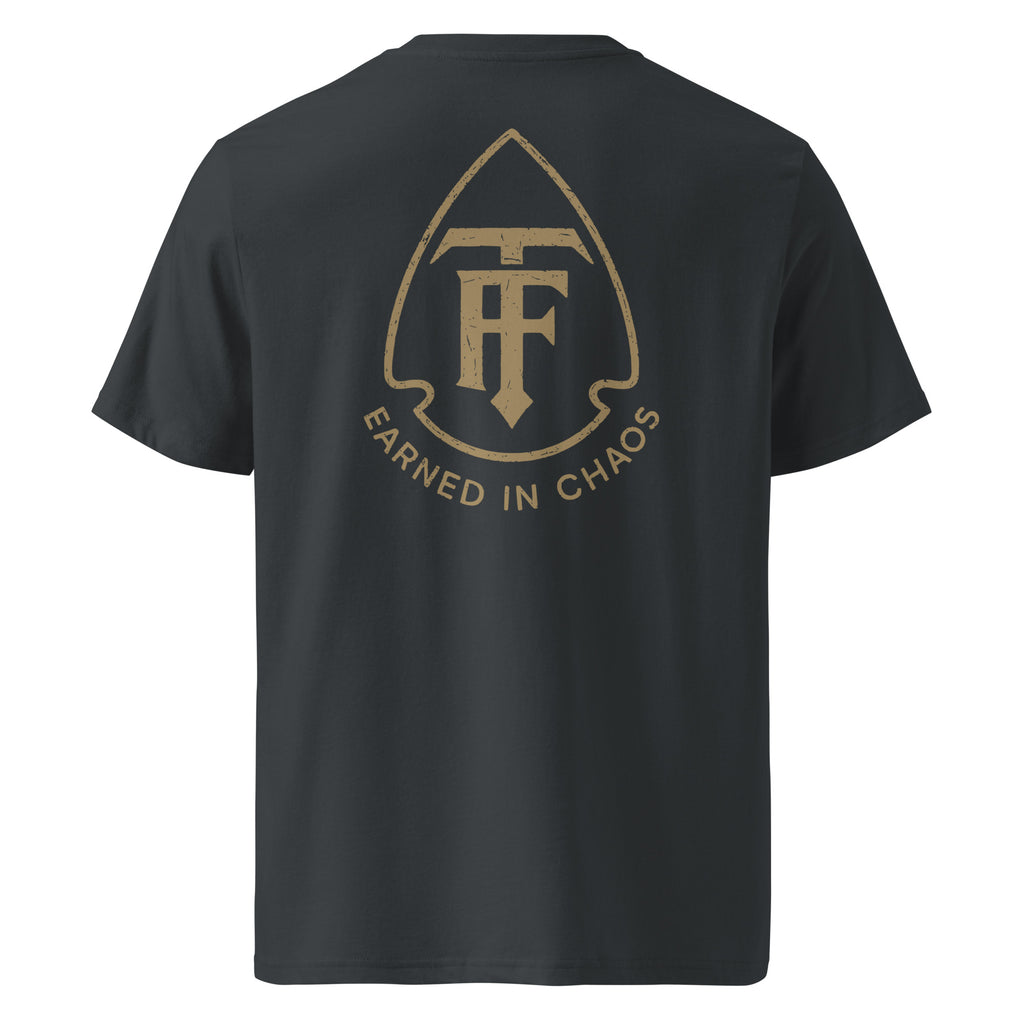 Back view of men's standard issue tee true few with gold Earned in Chaos logo on back