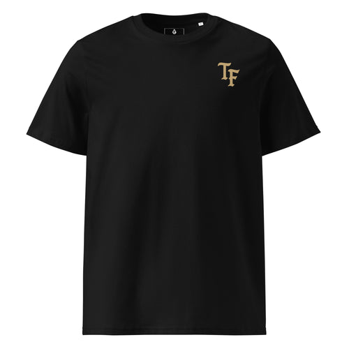 Men's standard issue black tee True Few with gold TF logo on chest by True Few Collective