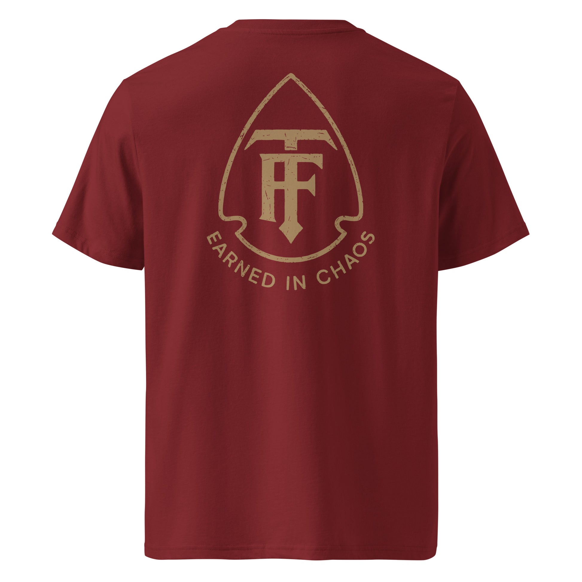 Men's standard issue tee True Few with earned in chaos logo on back in maroon color