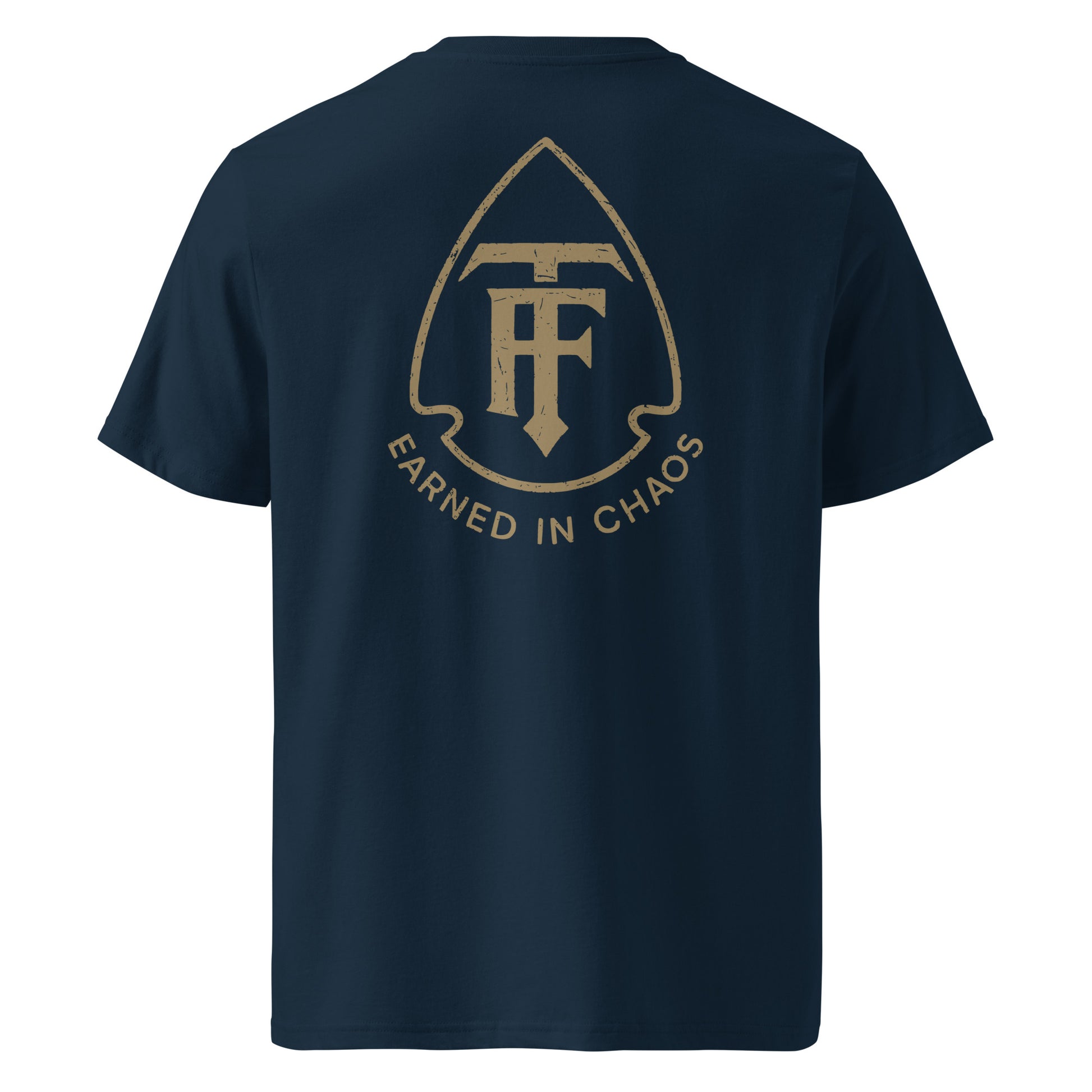 Back view of men's standard issue navy tee true few with earned in chaos logo design