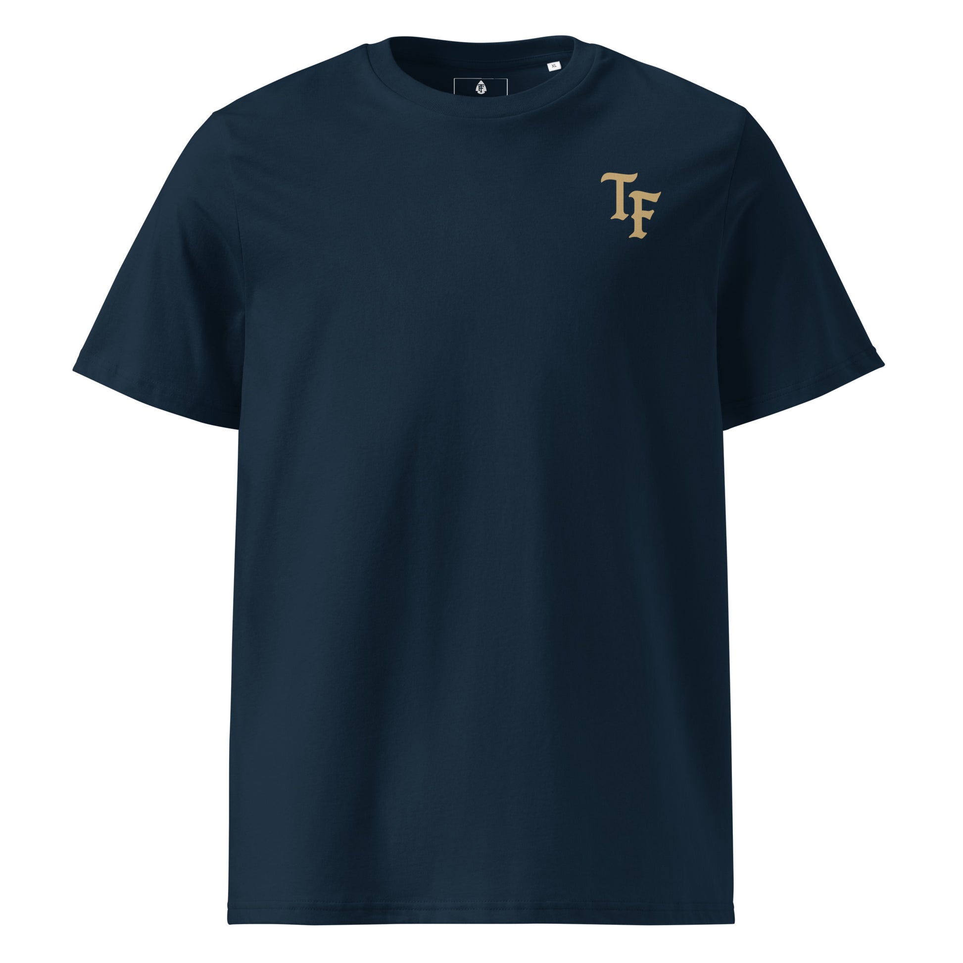 Men's standard issue navy tee True Few with gold TF logo on chest by True Few Collective
