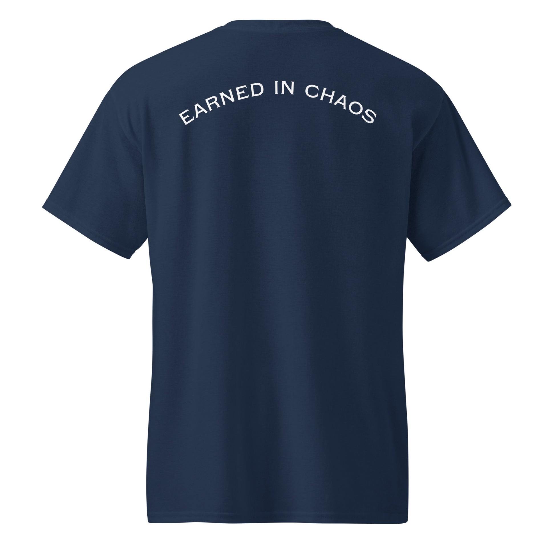 Navy True Few Collective Police Issue T-Shirt with 'Earned in Chaos' Text on Back