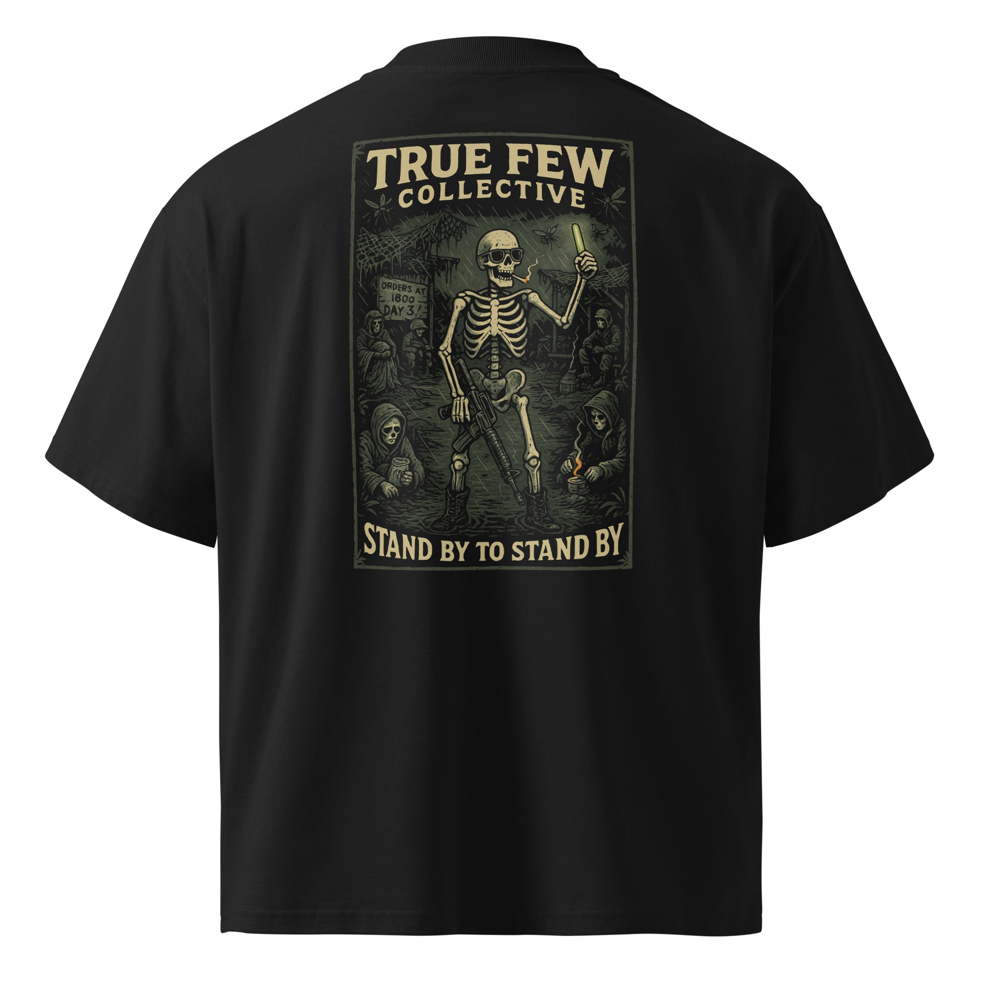 Black True Few Collective stand by to stand by military graphic tee with skeleton soldier design on back