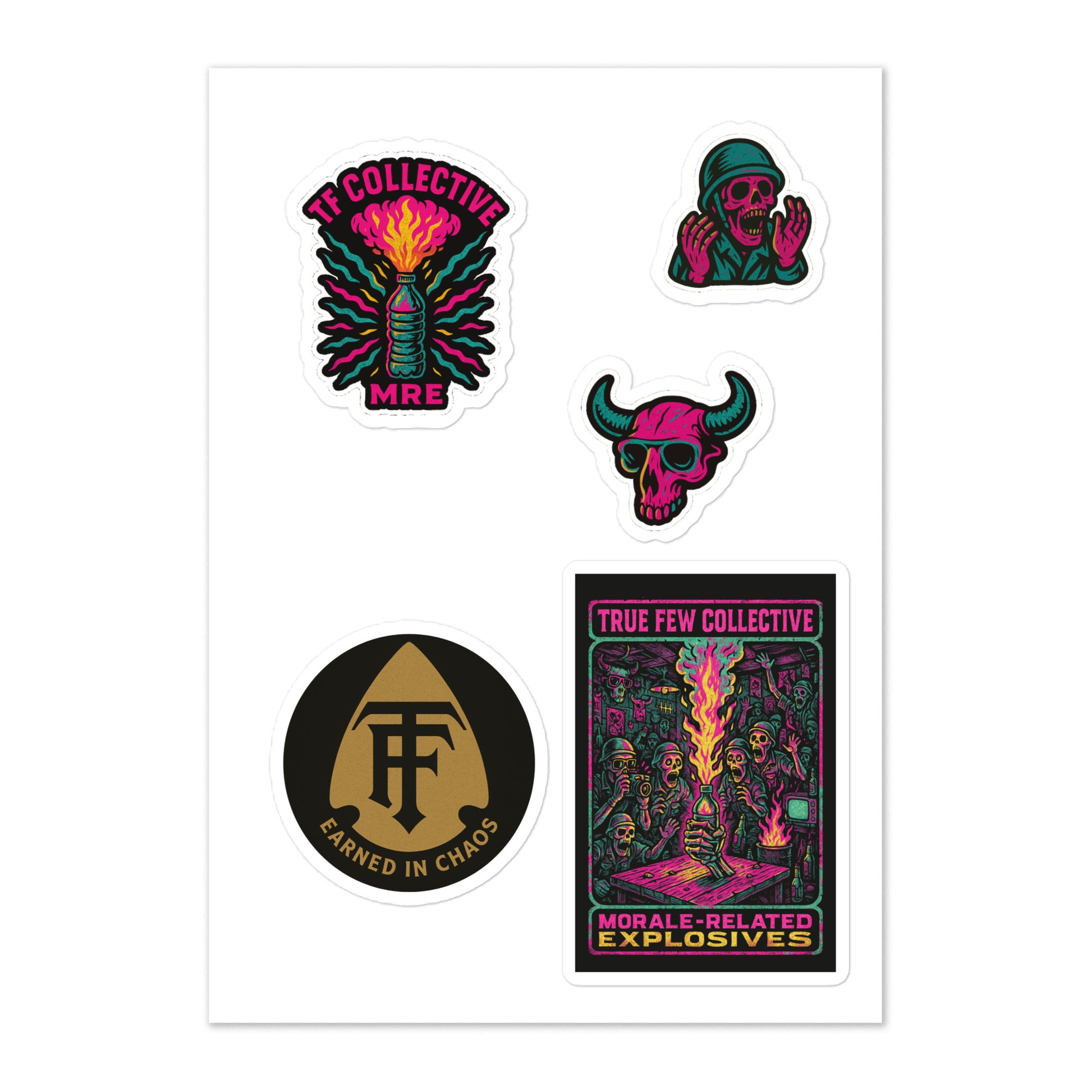 True Few Collective Morale Sticker Pack featuring vibrant military and whimsical designs