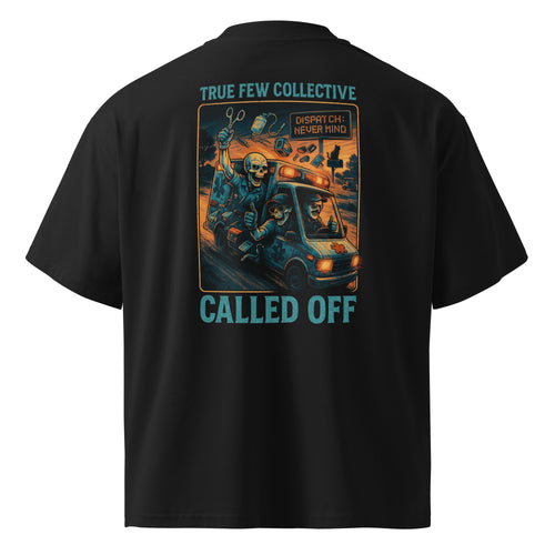 Black oversized EMT t-shirt by True Few Collective with skeleton EMS design and called off text