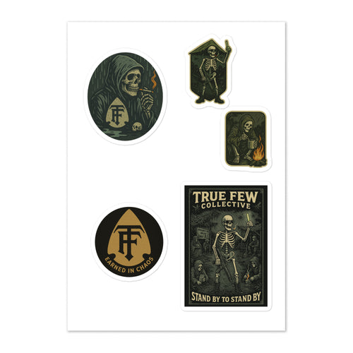 Set of True Few Collective stickers featuring skeleton designs with various quotes and symbols