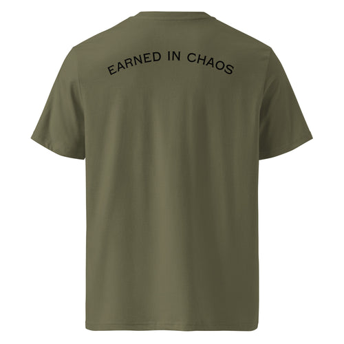 True Few Collective Earned in Chaos Graphic T-Shirt in Olive Green for Casual Style